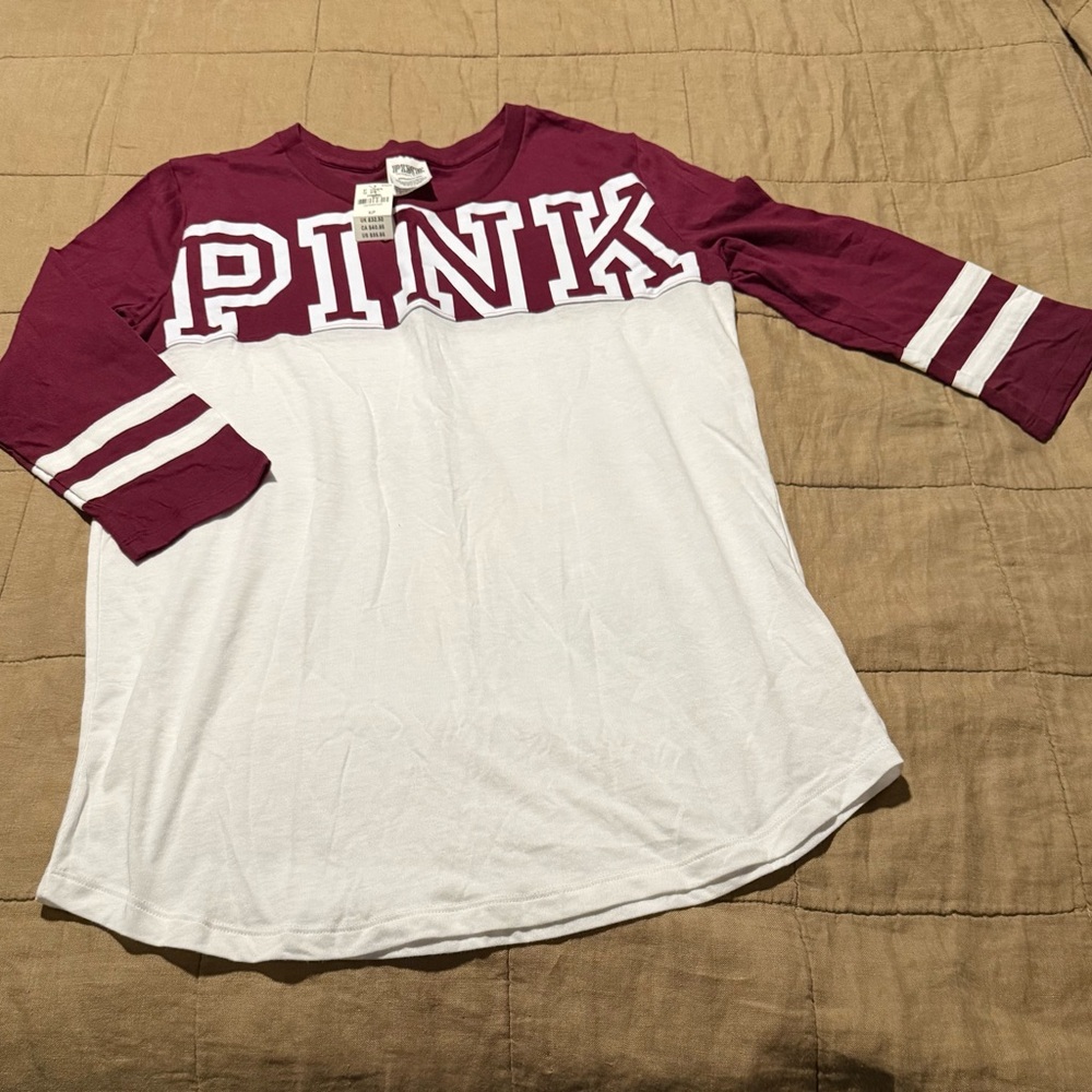 Vintage PINK Victoria's Secret Women’s' Maroon & White 3/4 Sleeve Tee, Size S